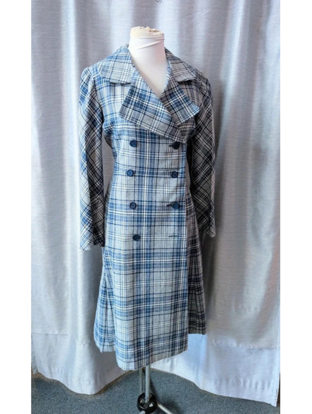 SOLD Vintage 60s Blue Plaid Double Breasted Wool Dress M